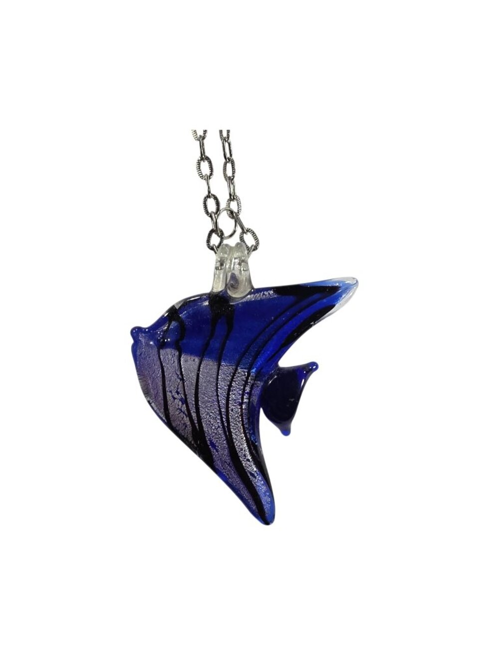 Blue Glass Fish Pendant Necklace Silver-Tone Ocean Charms Nautical Beach